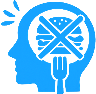 A blue silhouette of a human head with a virus particle inside and a fork stabbed through it, symbolizing food allergies or intolerance.