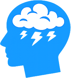A blue silhouette of a human head with clouds and lightning bolts inside, representing a storm in the mind.