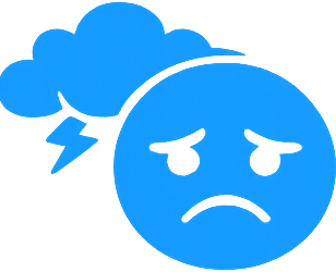 Blue cloud with a lightning bolt and a sad face emoji.