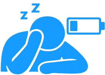 Illustration of a person sleeping with a hand resting on their head, a sleep Z sign, and a low battery indicator.
