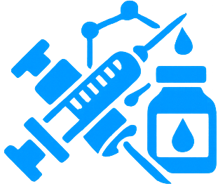 Medical syringe, vaccine vial, and a dropper with a drop, symbolizing vaccination and medical treatment.