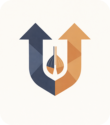 A graphic of two upward arrows, one dark blue and one orange, with a stylized thermometer in the center.