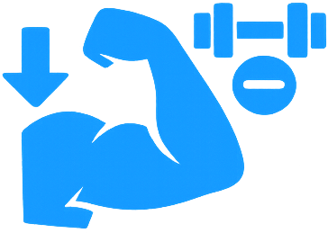 A blue graphic of a flexed arm with arrows indicating muscle strength and a stopwatch symbol, representing physical strength or workout.