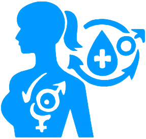 Icon illustration of a woman with gender symbols and arrows around her, representing gender equality or women's health.