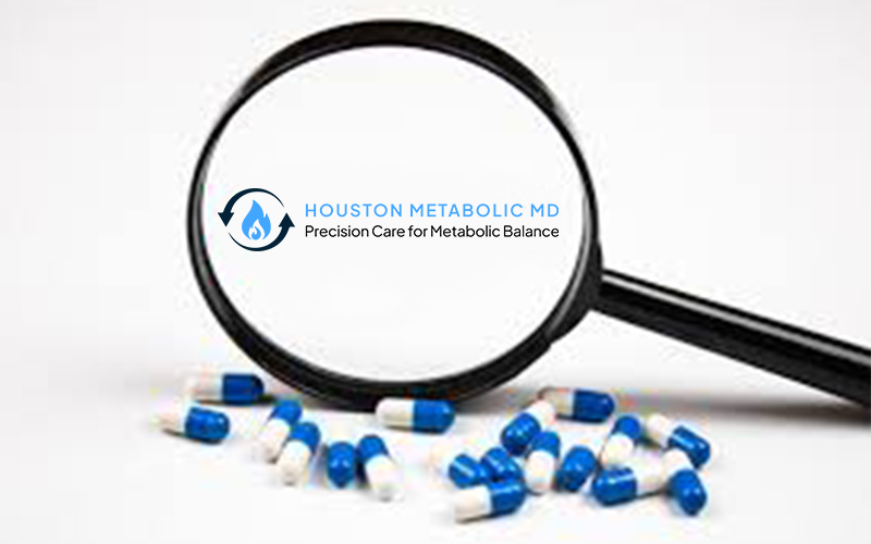 Magnifying glass focusing on a logo for Houston Metabolic MD, with blue and white capsules scattered on a surface.