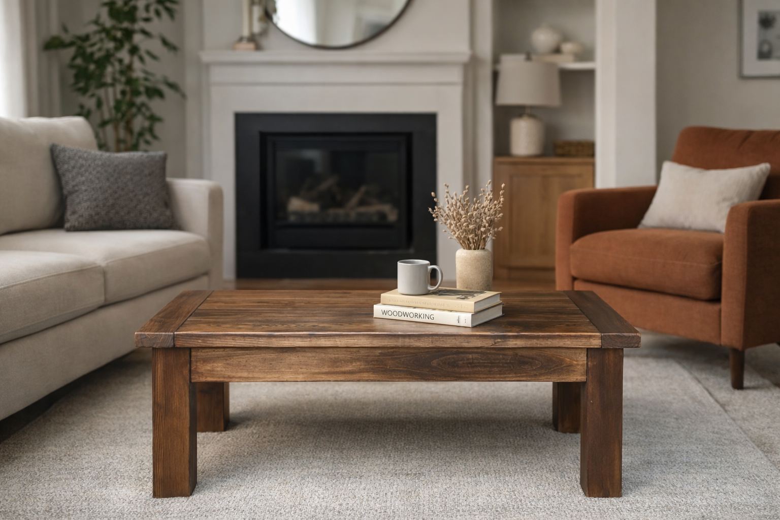 Farmhouse coffee table staged in a room