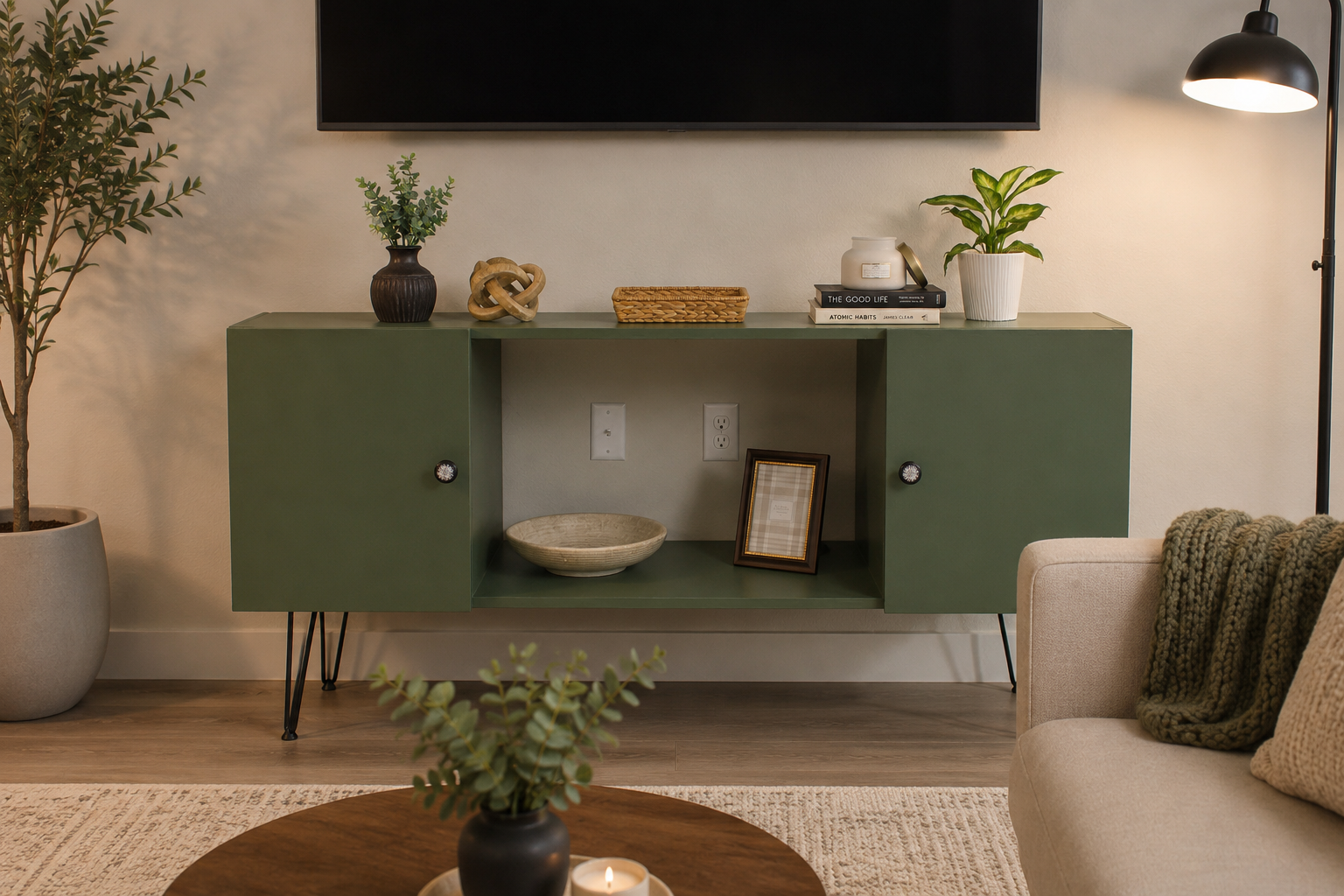 Sage green custom media console staged in a living room