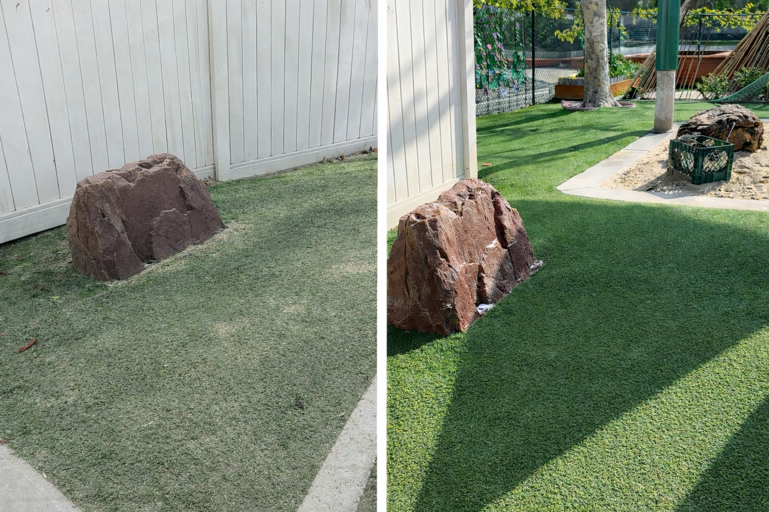 Side-by-side comparison of a yard before and after adding green artificial turf. The left shows a yard with worn-out grass, while the right displays a lush, repaired yard with a large decorative rock near a white fence and a shaded area produced by nearby trees.