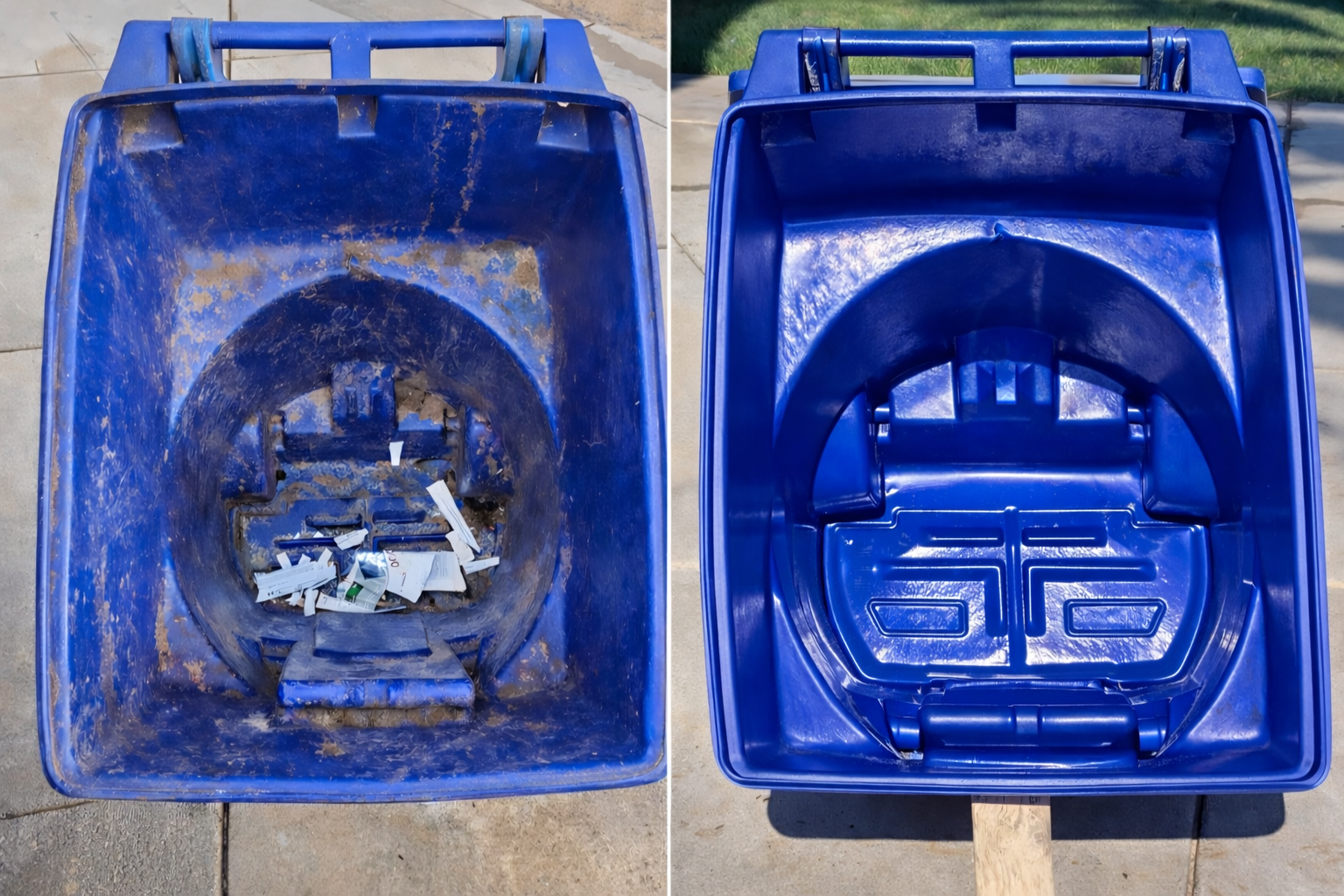 Comparison of a blue recycling bin before and after cleaning, showing the cleaned interior of the bin in the right image.