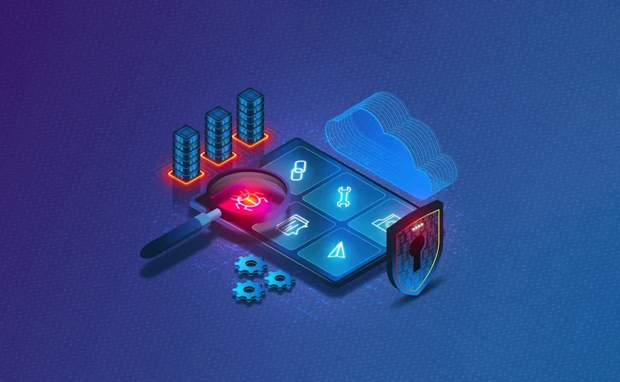 Digital illustration representing cybersecurity with a magnifying glass, cloud, shield, gears, and icons symbolizing data and security.