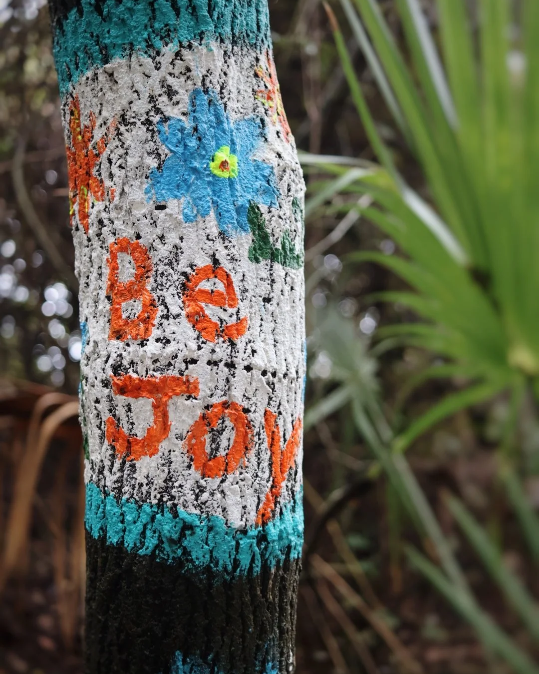Tree trunk painted with colorful markings and a blue flower, with the words 'BE YOU' written in orange.
