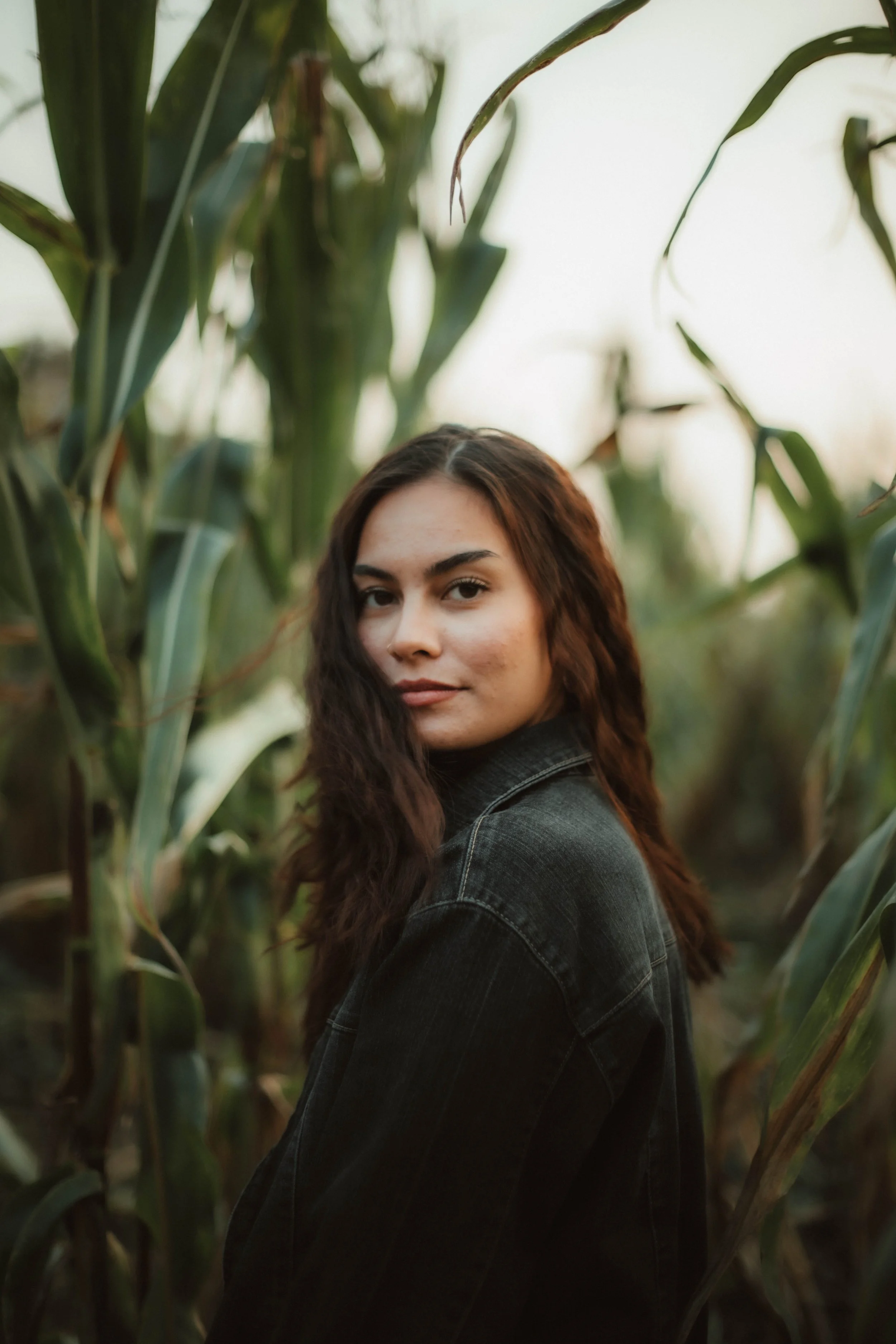 Junge Frau mit braunen Locken in einem Feld von hohen Maispflanzen, trägt eine dunkle Jeansjacke und schaut in die Kamera.