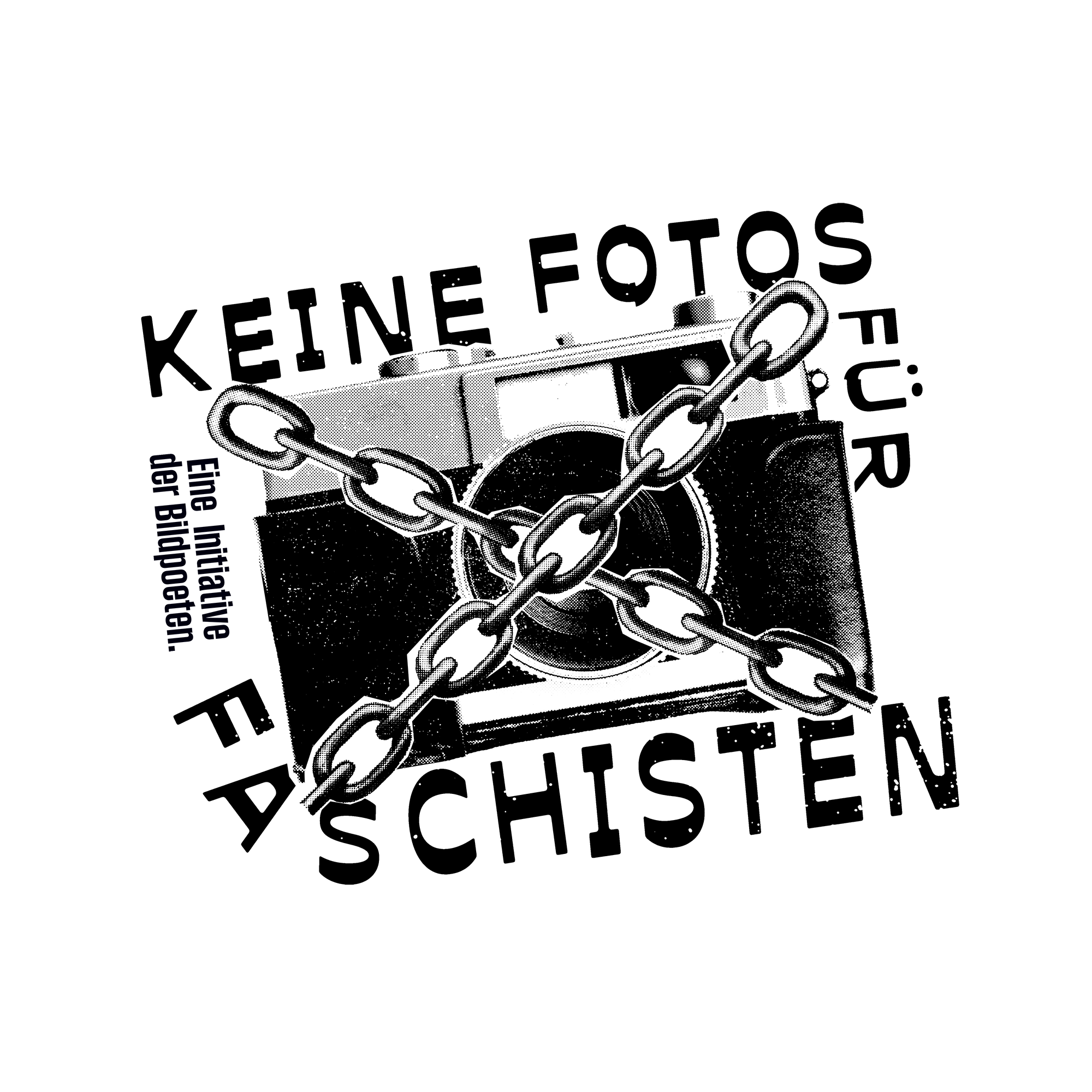 Schwarze und weiße Illustration einer Kamera, die mit einer Kette versperrt ist, auf schwarzem Hintergrund.