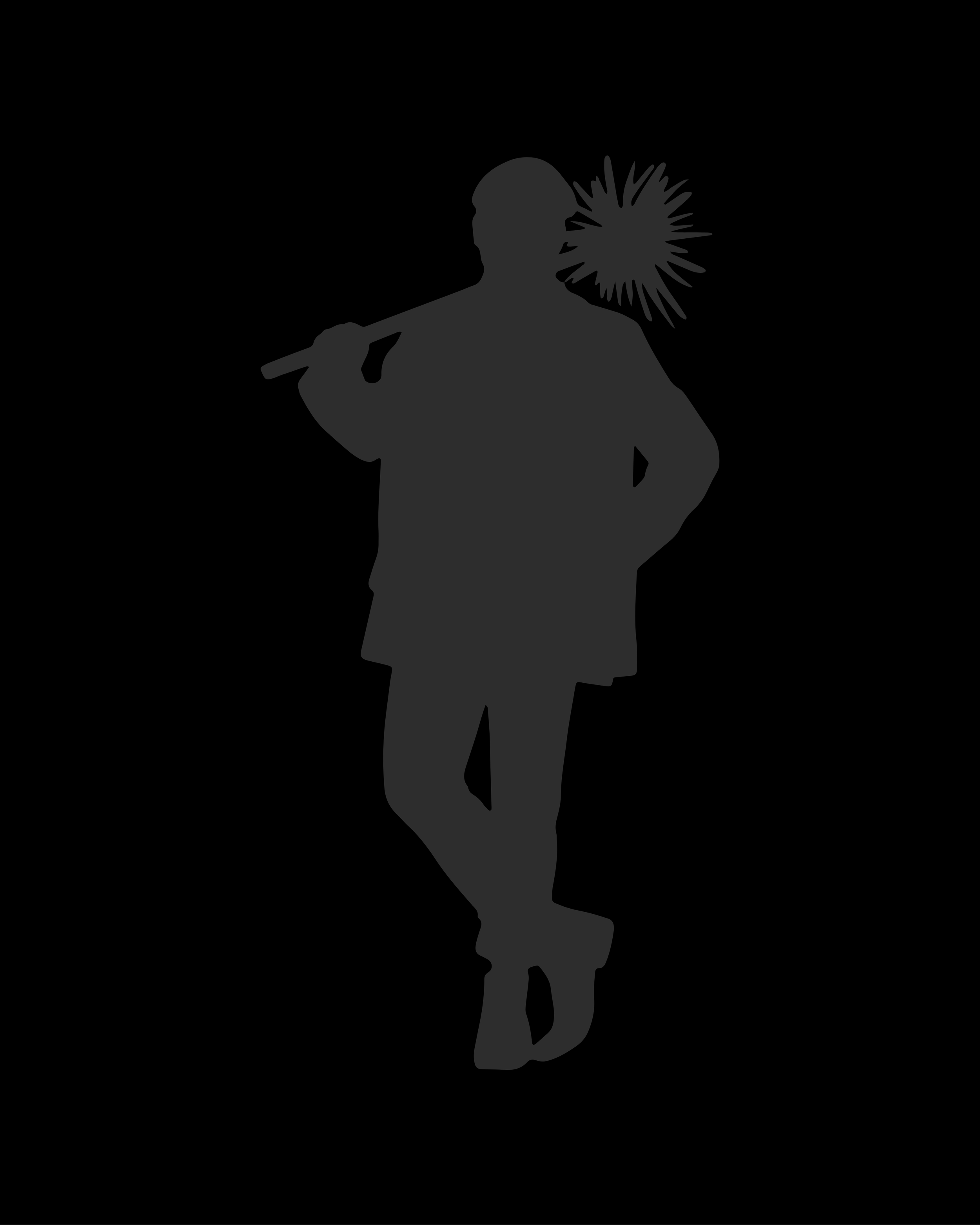 Silhouette of a man holding a chimney brush, standing with one leg crossed over the other.