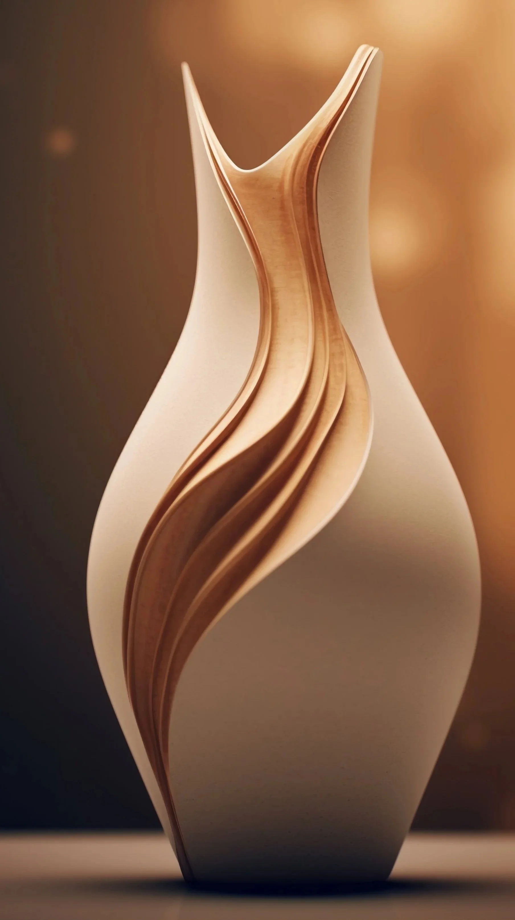 Modern decorative vase with layered, swirled wooden design on a blurred warm background.