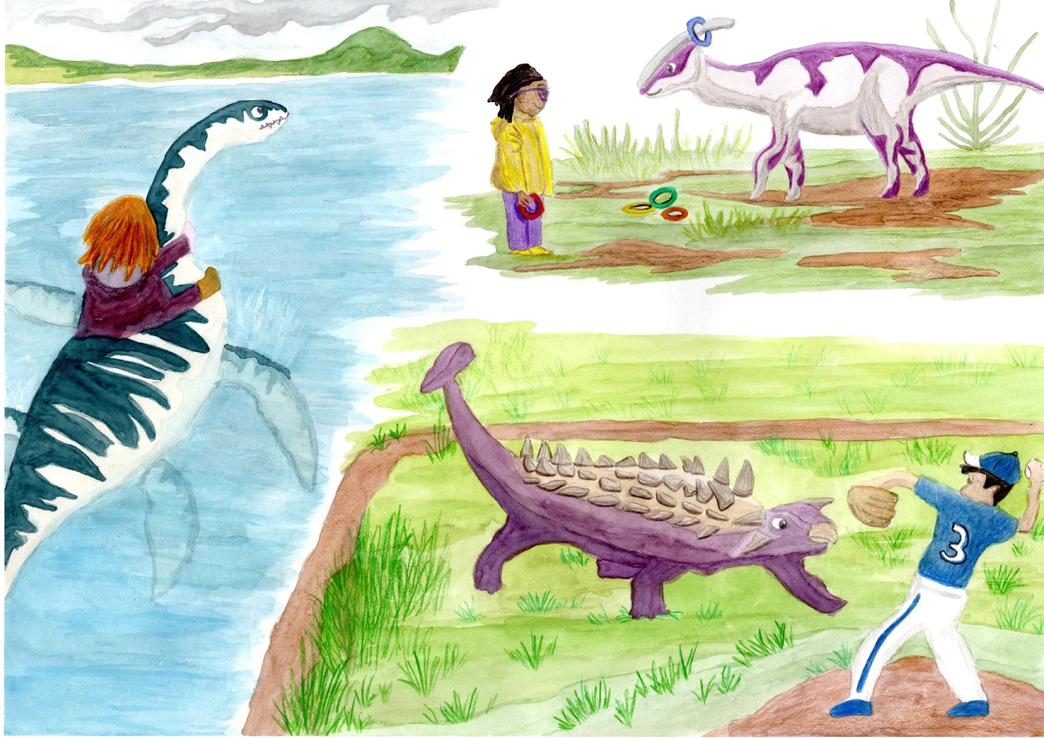 Whimsical hand- painted illustrations of children and dinosaurs in playful settings. Narrative portfolio illustration by Andy Spittle.