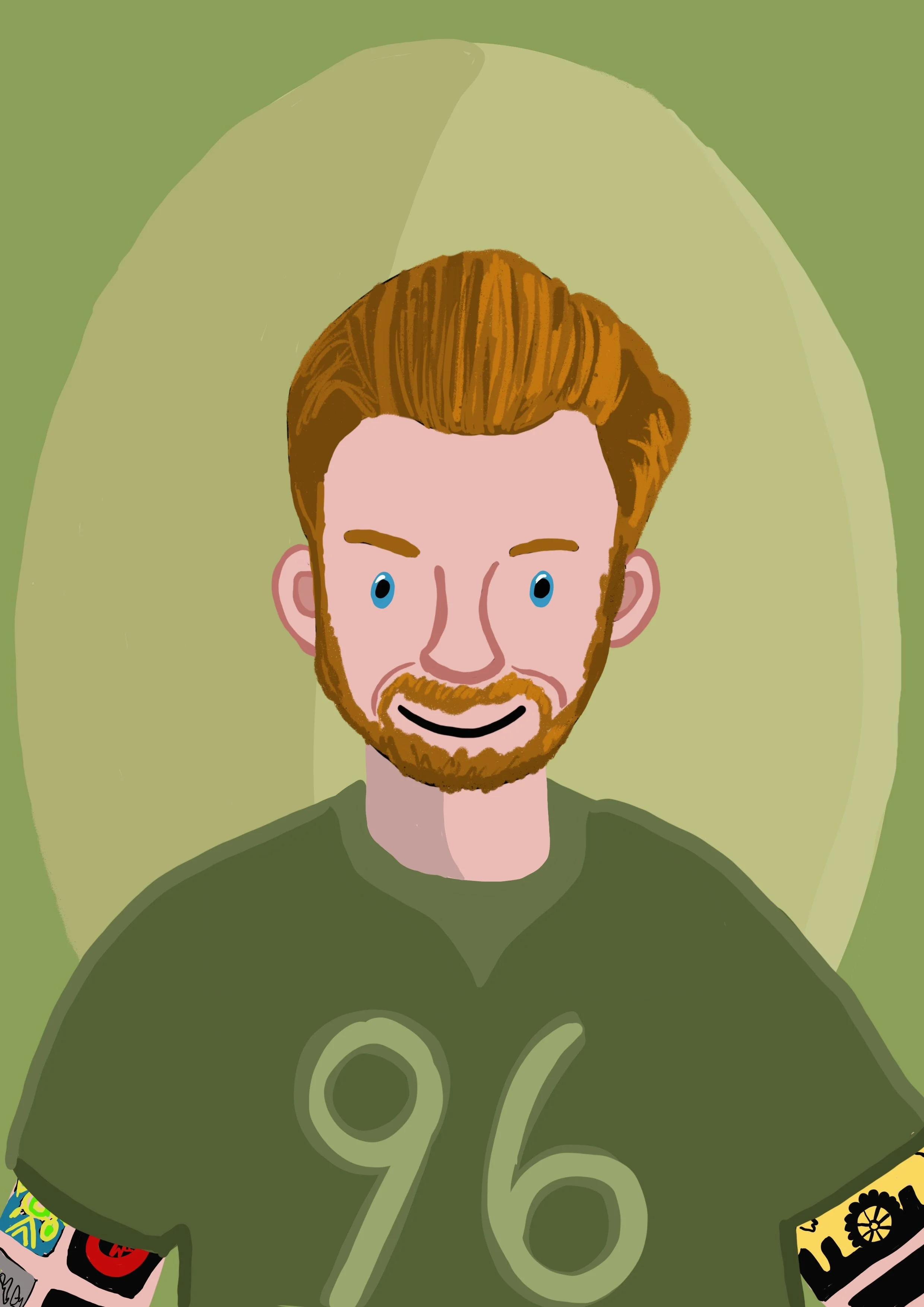 Digital self-portrait of children's book illustrator Andy Spittle, featuring a beard, tattoos, and a green shirt. Portfolio illustration by Andy Spittle.