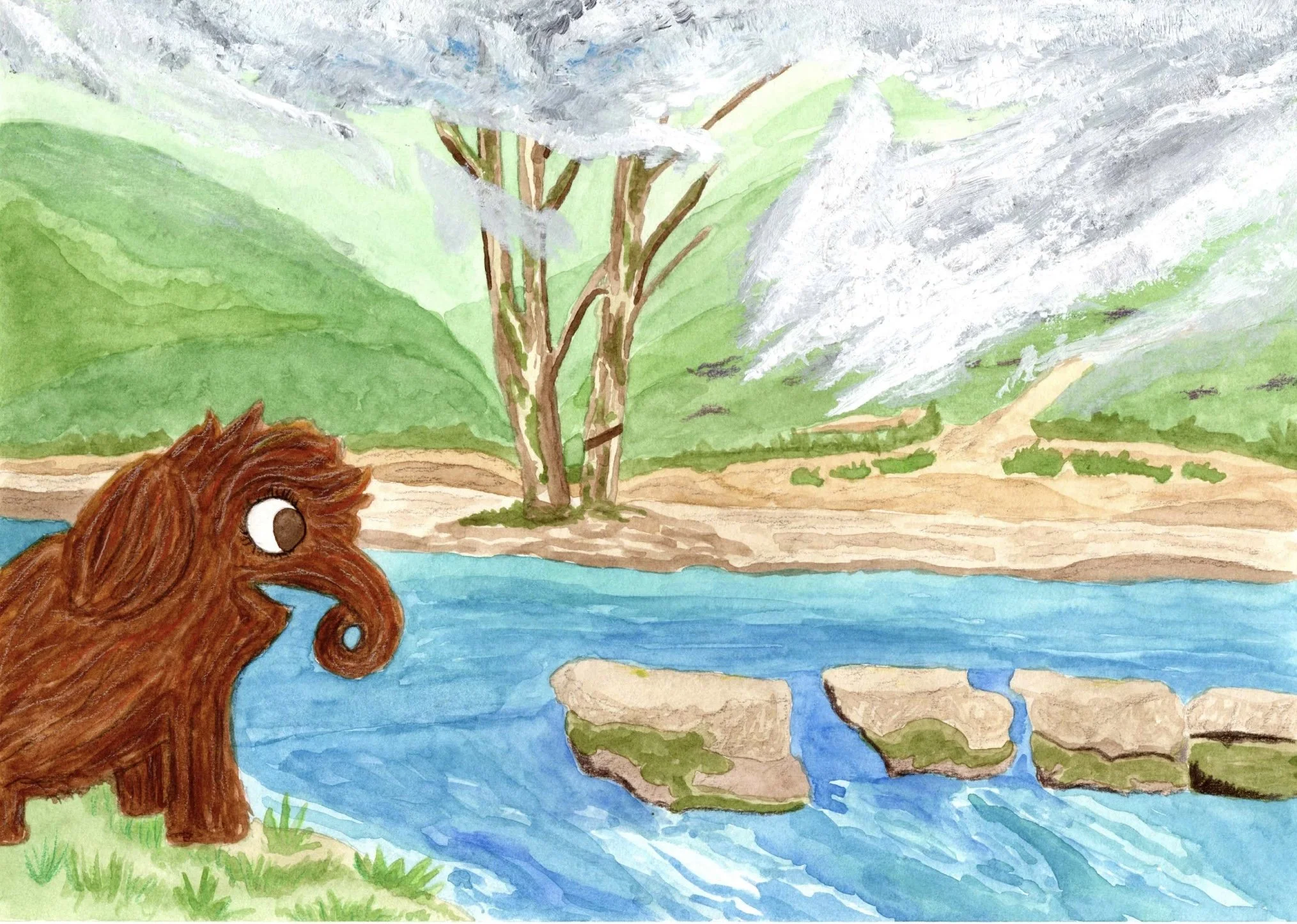 "Be afraid and take the step anyway": Maya the Mammoth hand-painted watercolour illustration. Portfolio illustration by Andy Spittle.