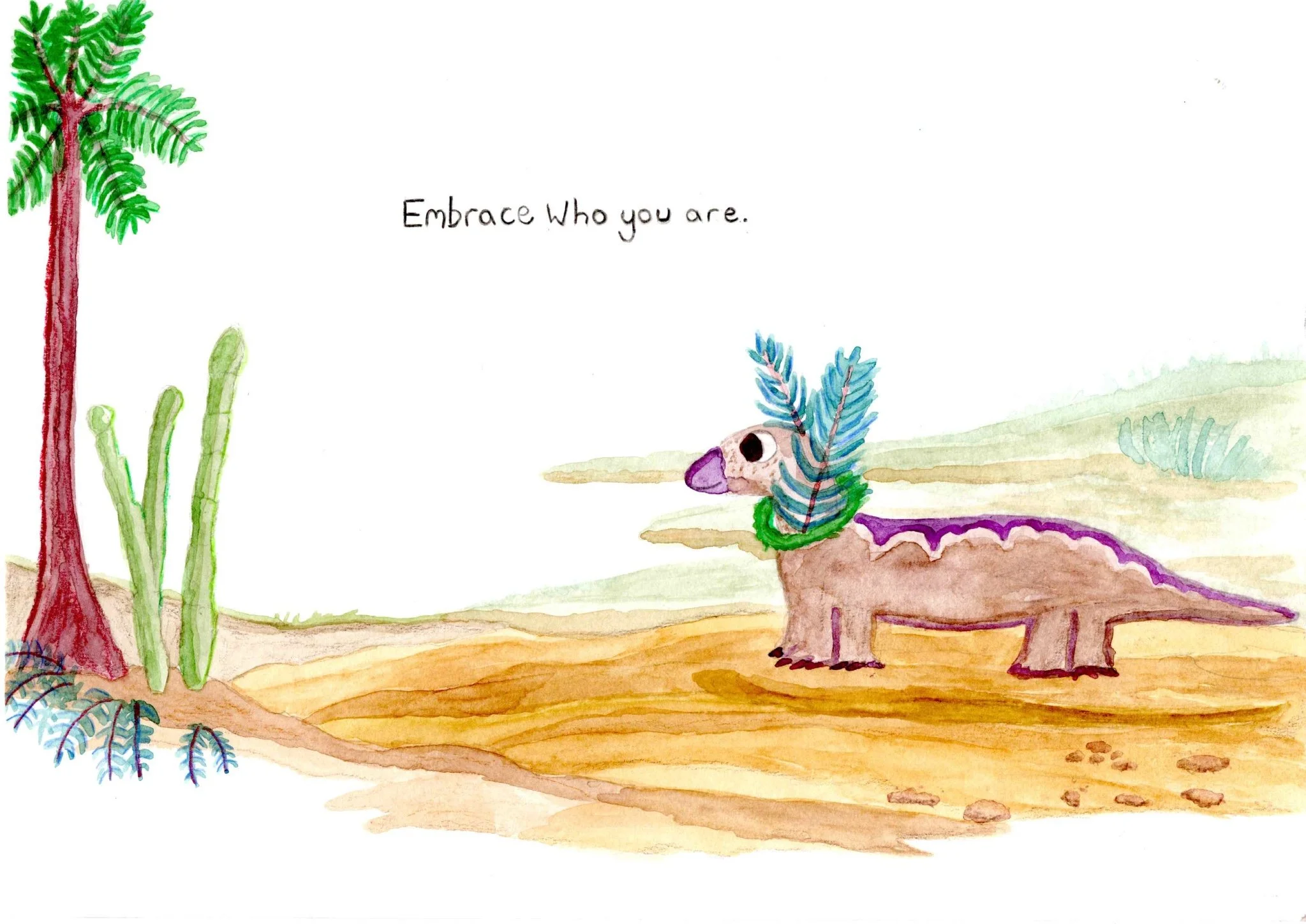 "Embrace who you are". Hand painted mixed media illustration of a whimsical dinosaur character in a headdress. Portfolio illustration by Andy Spittle.