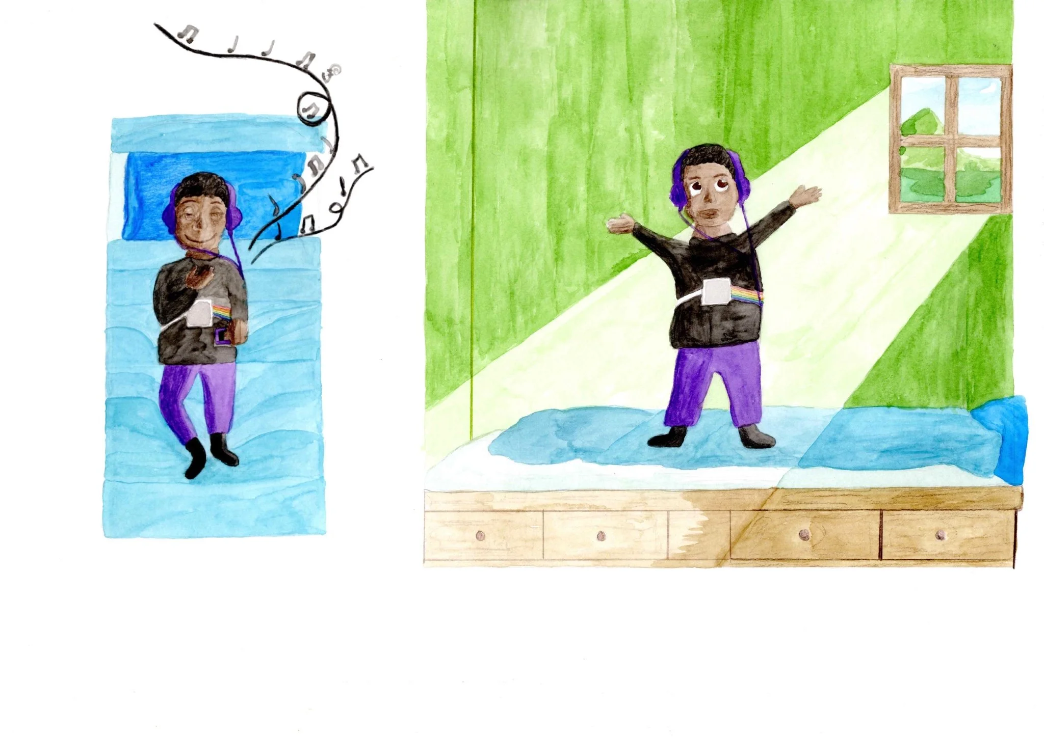 "The musical discovery": Hand-painted illustration of a character expressing joy through music. Porfolio illustration by Andy Spittle.