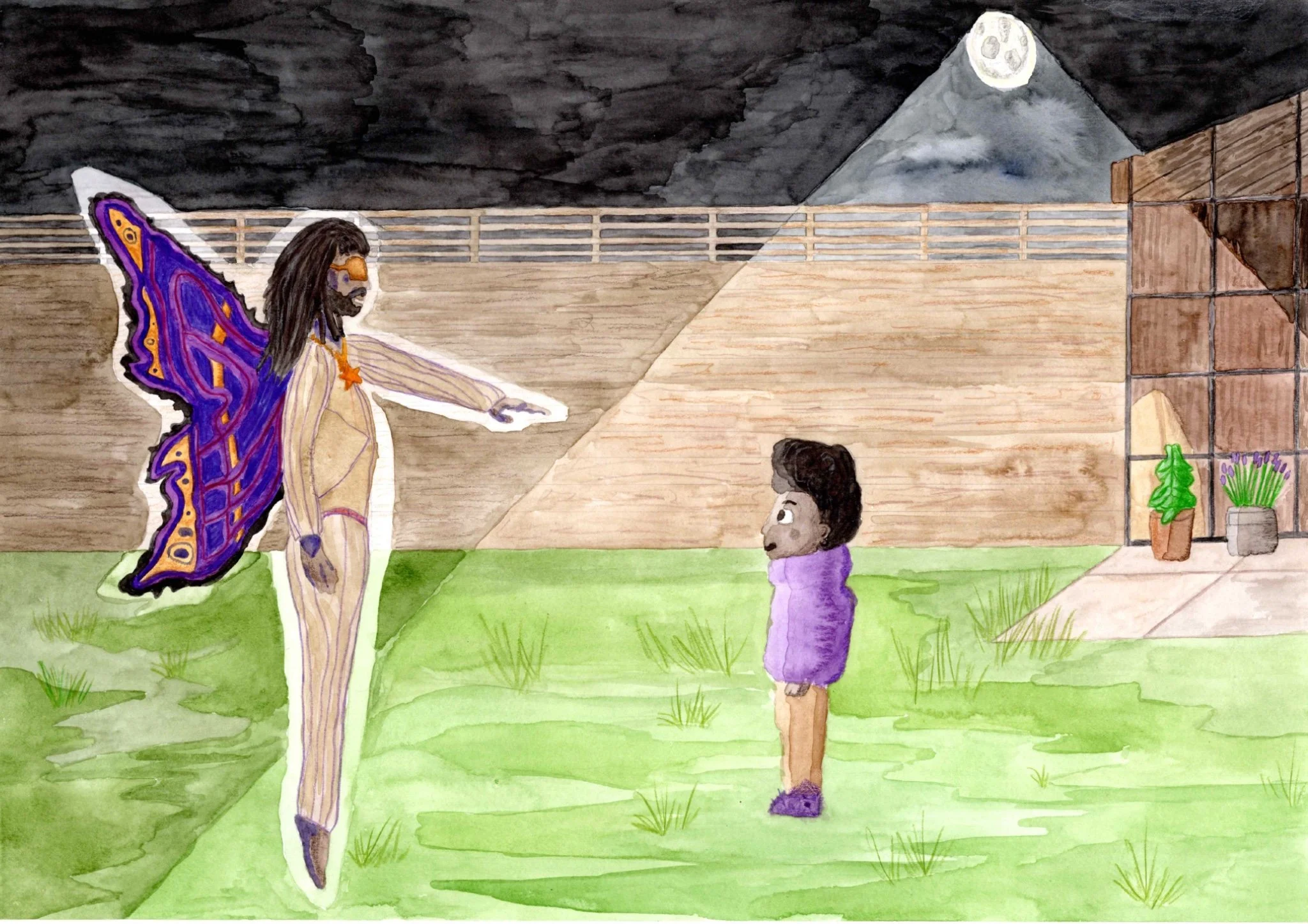 "The Magical Meeting": Hand-painted mixed media illustration of a child and a fairy at night. Portfolio illustration by Andy Spittle