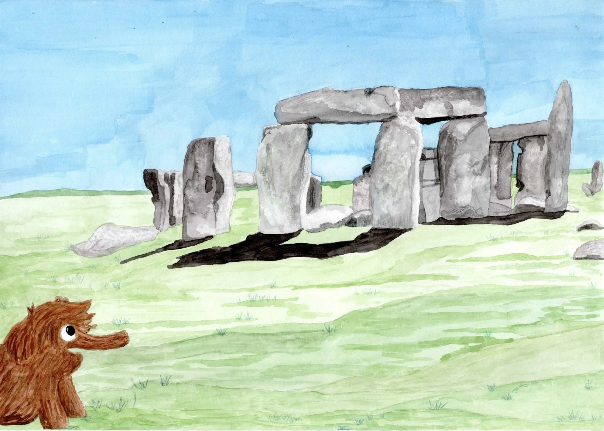Maya the mammoth: A hand painted watercolour mixed media illustration of the character at Stonehenge. Portfolio illustration by Andy Spittle.