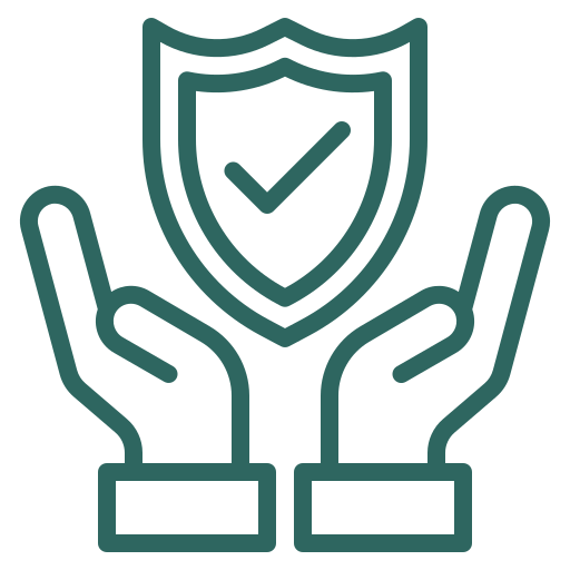 Outline of two hands cupping a shield with a check mark inside it, symbolizing protection or security.