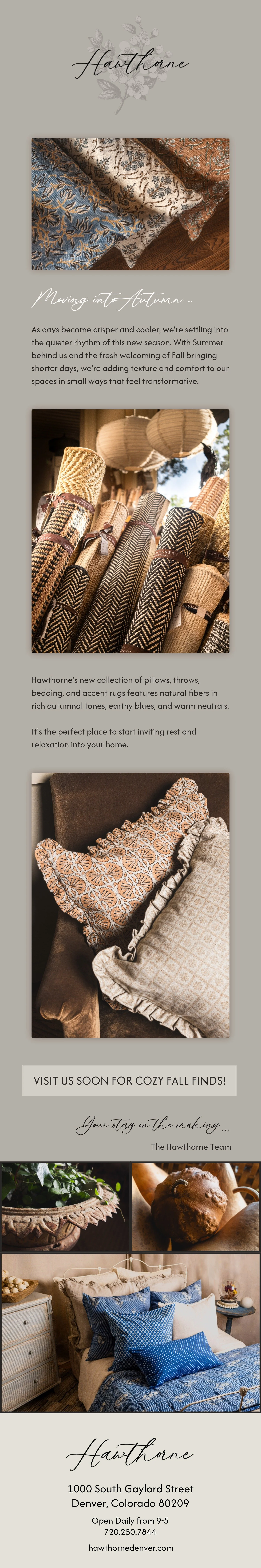 Photos of textiles including accent rugs, pillows, and bedding in rich autumnal tones, earthy blues, and warm neutrals. An invitation to shop Hawthorne's Fall collection as a way of adding texture and comfort to the home in small ways.