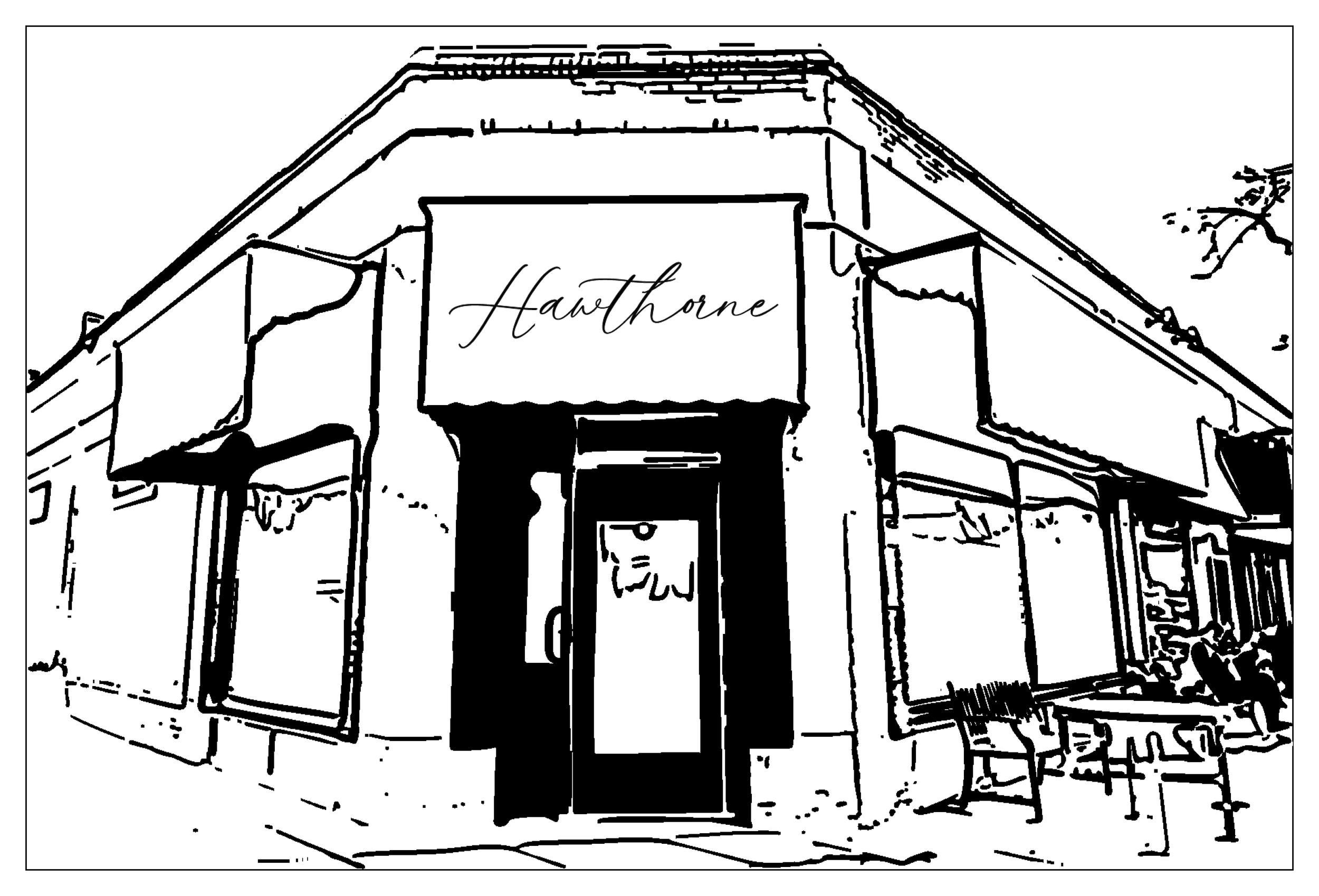 A stylized black and white sketch image of a sidewalk view of the front of the shop.