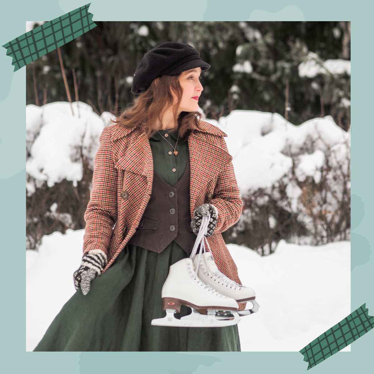 Author from Finland in winter clothing holding a pair of white ice skates in a snowy outdoor setting.