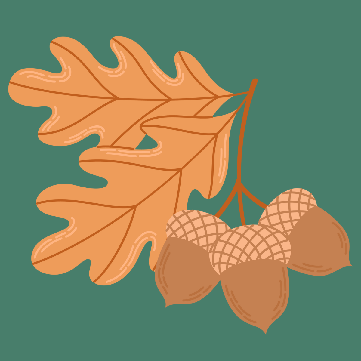 Illustration of an oak tree branch with oak leaves and acorns against a green background.
