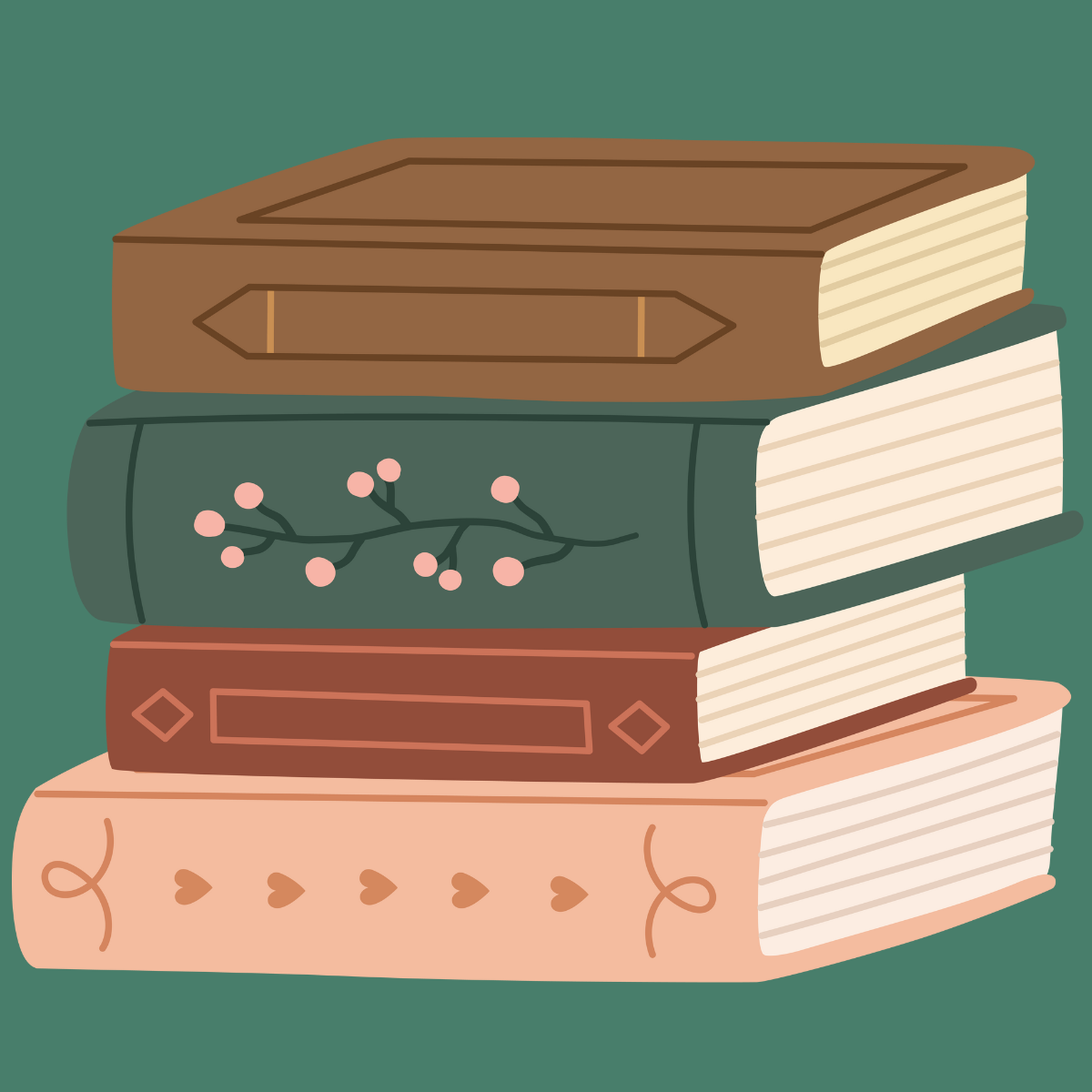 Stack of four illustrated hardcover books with decorative covers on a green background.