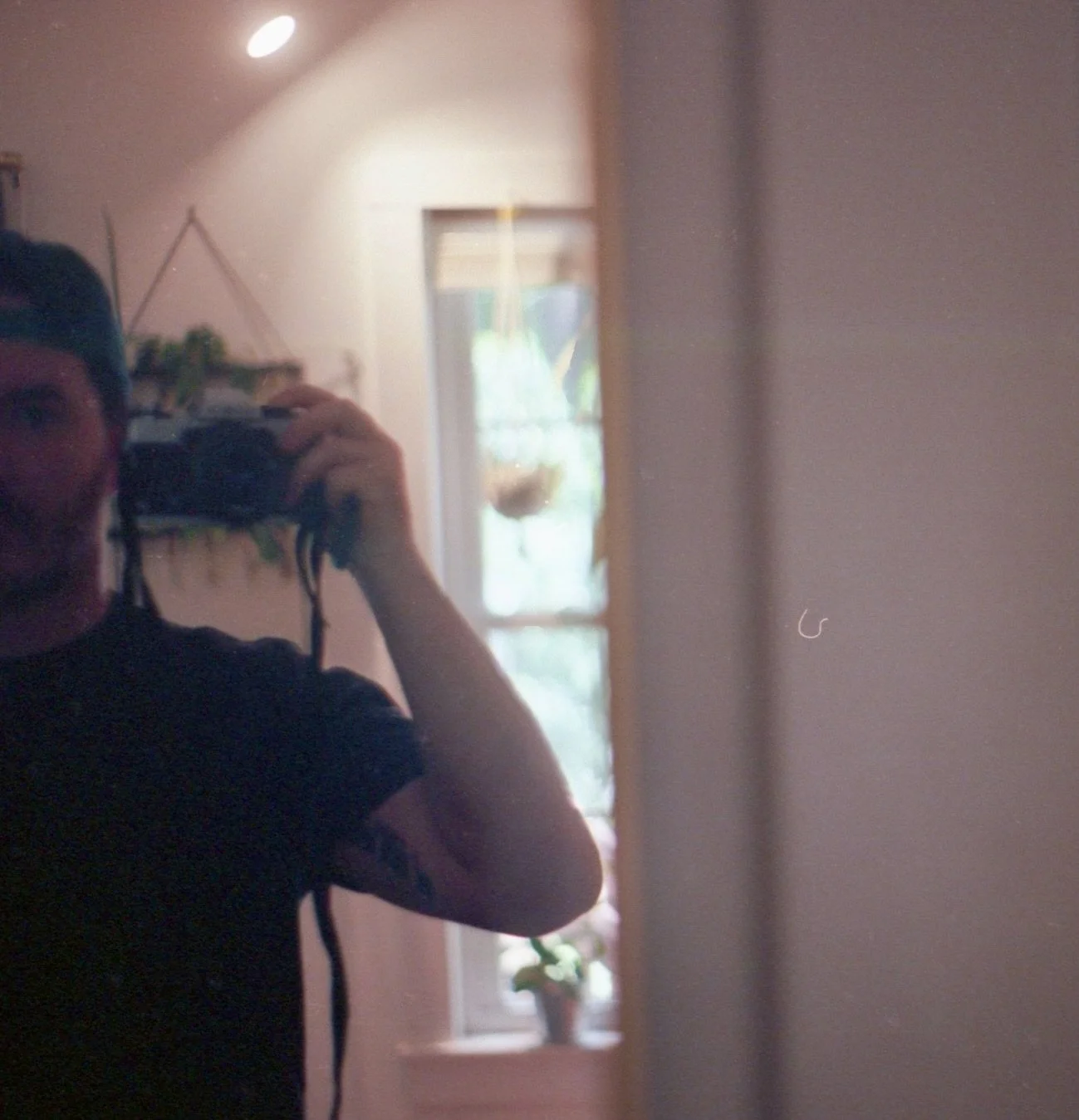 A person taking a mirror selfie with a camera, wearing a dark shirt and cap, with a window and houseplants in the background.