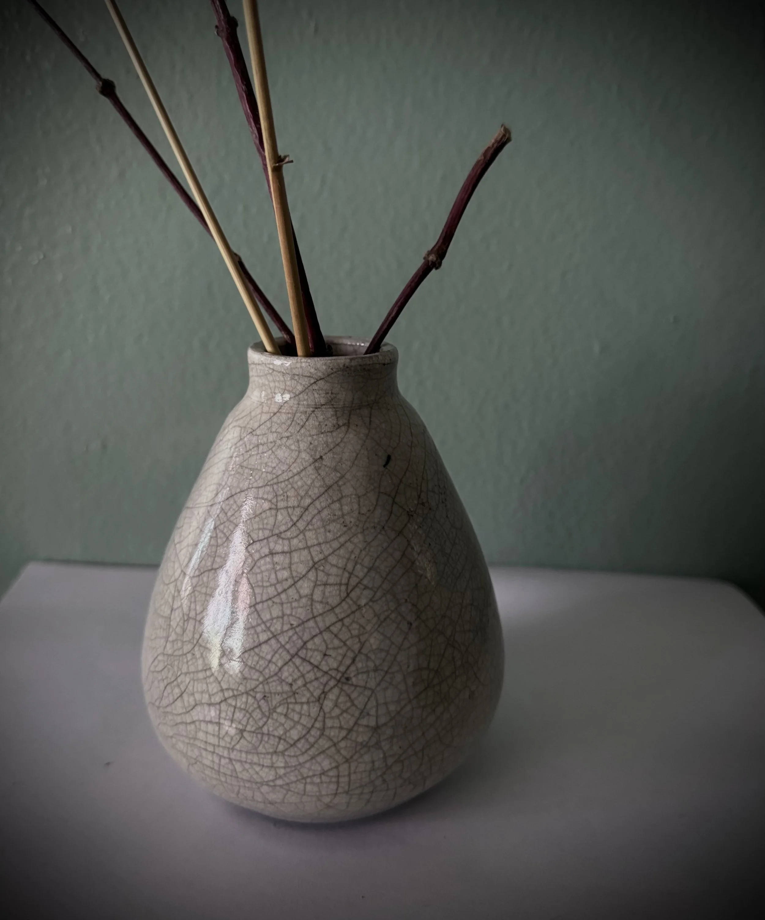 Crackle raku bud vase. 2025.