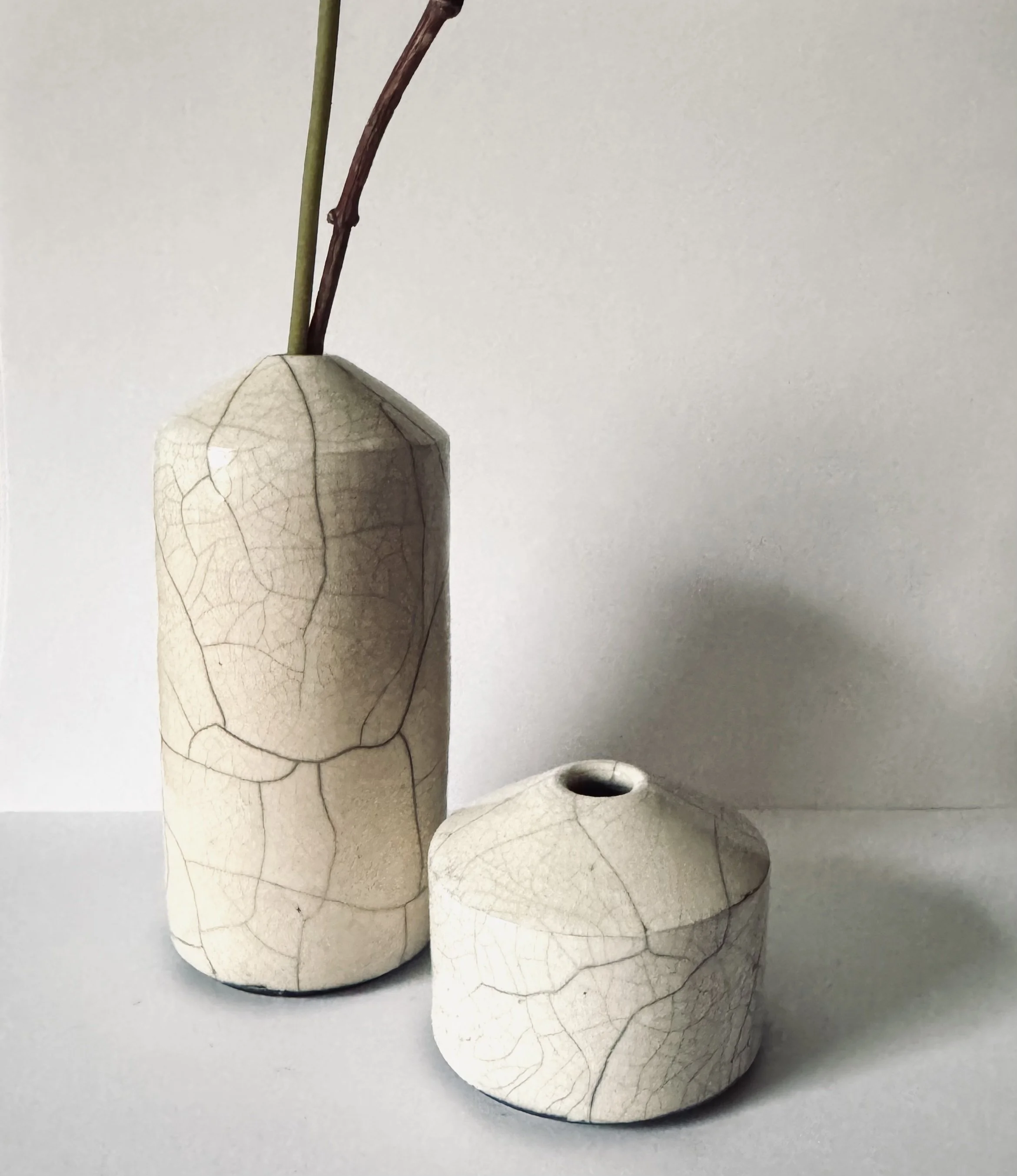 Pair of crackle raku bud vases. 2025.