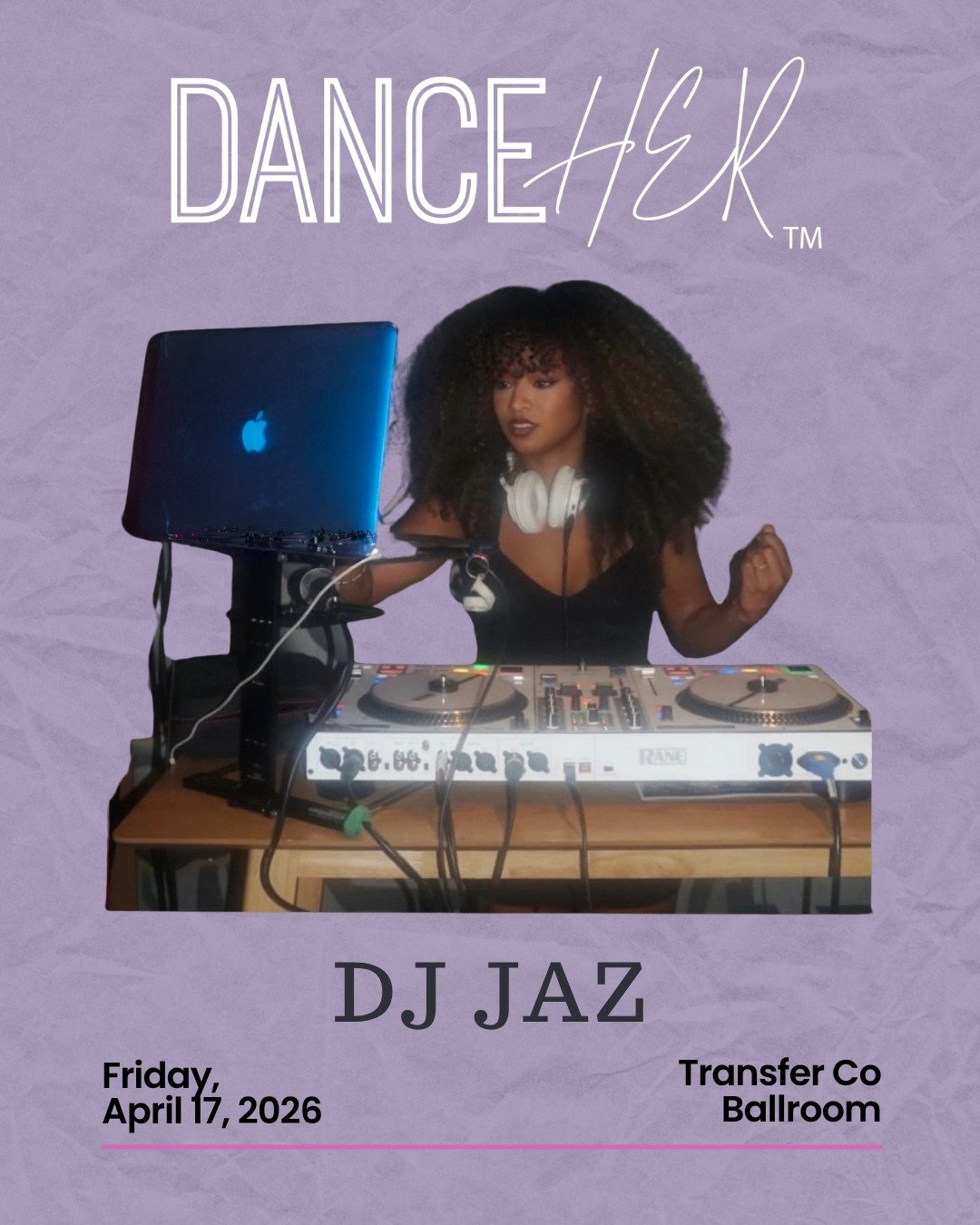 Thrilled to announce that DJ Jaz will be spinning hip hop beats at the 4/17 DanceHer event! 🎧