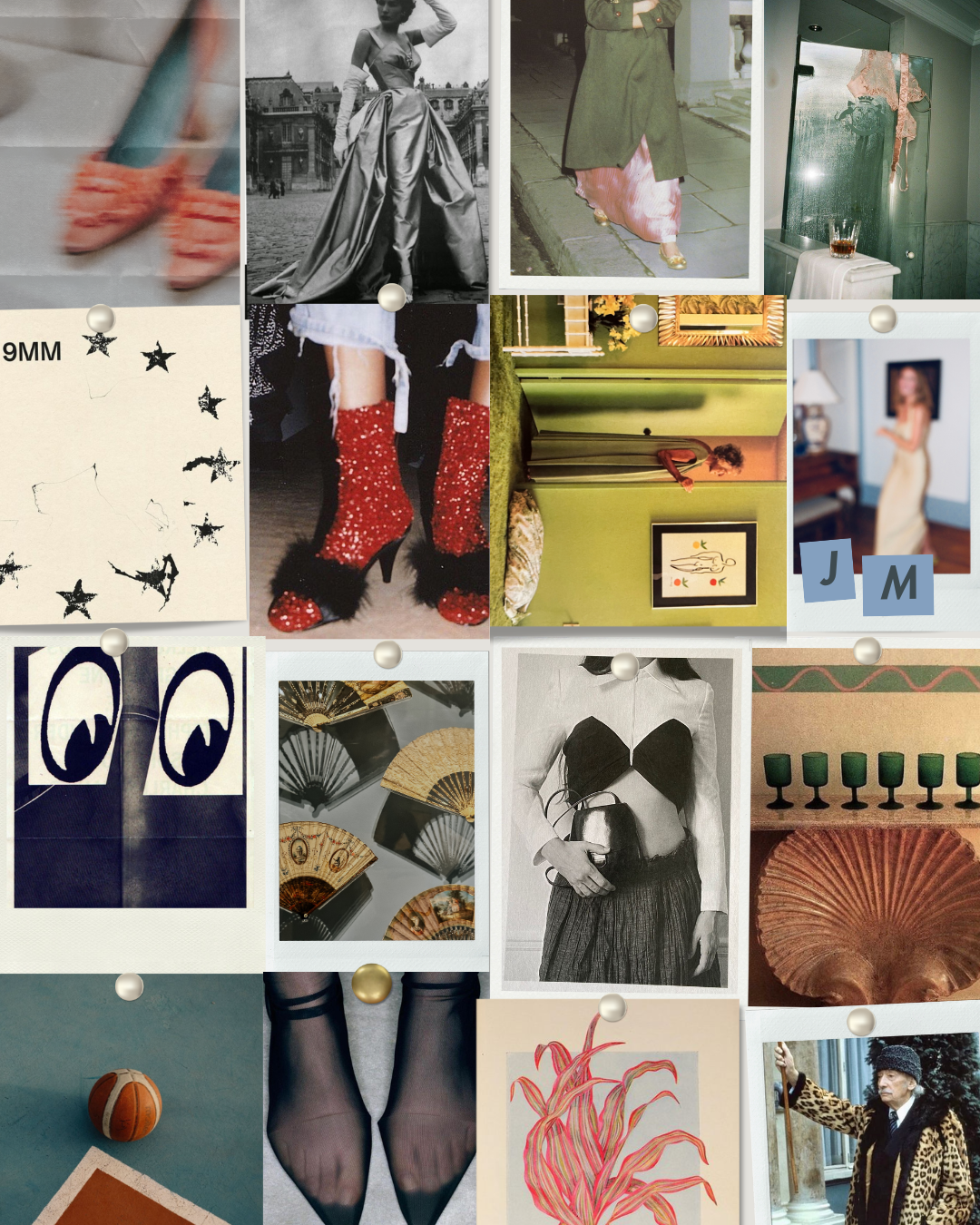A collage of various fashion and art-related images, including photos of stylish shoes, vintage dresses, accessories, fans, and artwork.