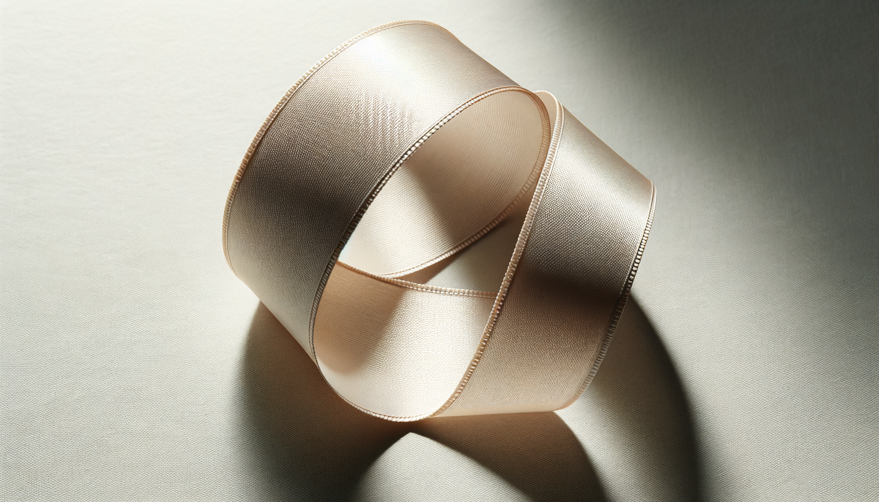 A roll of champagne-colored satin ribbon with a metallic sheen, partially unspooled, casting a shadow on a neutral background.
