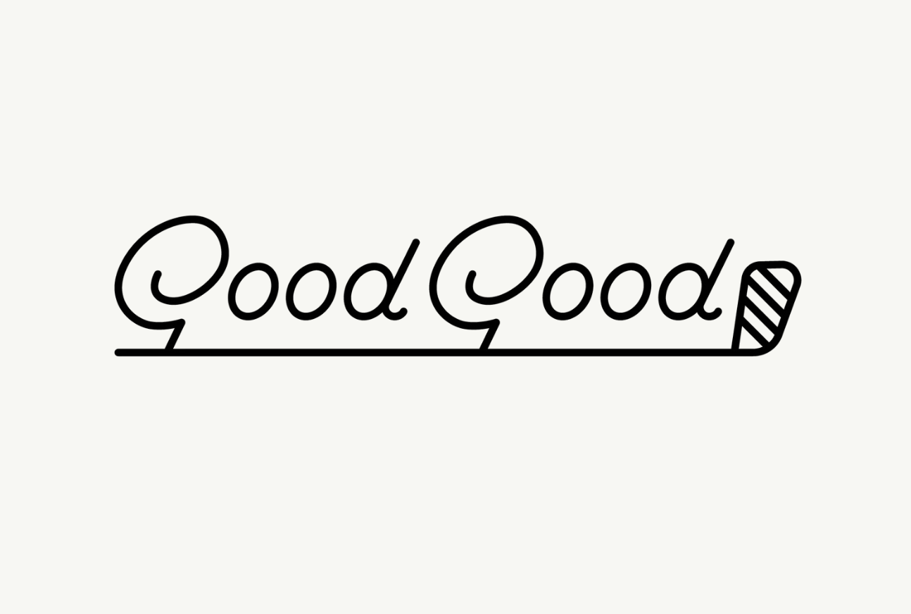 The words 'Good Good' written in a stylized script with a striped pattern on the last letter.