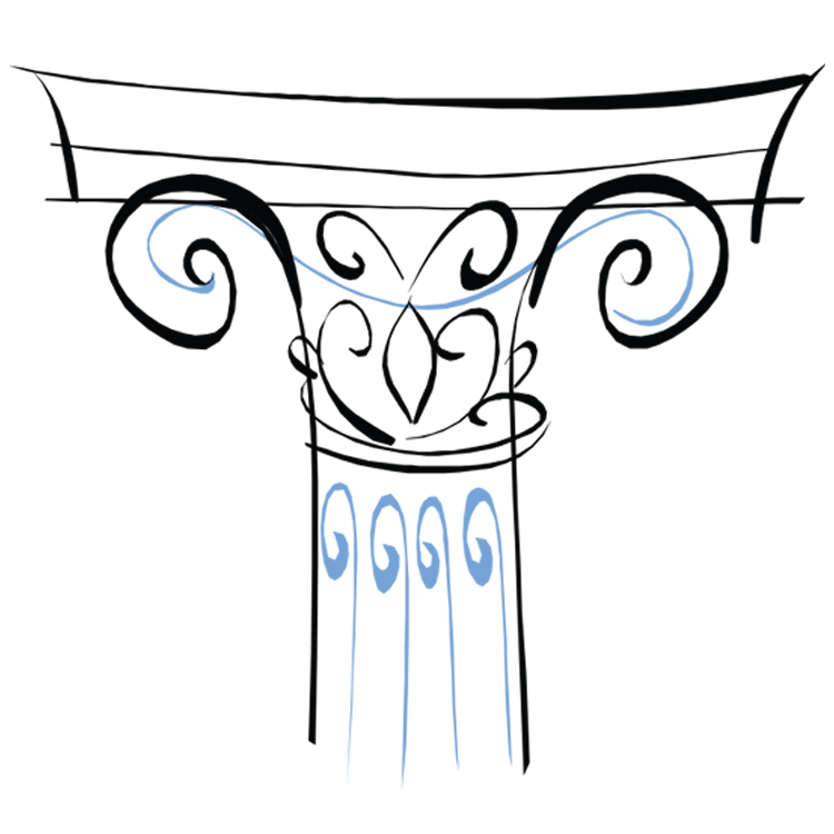 Stylized blue letter P with decorative curls on a black background.