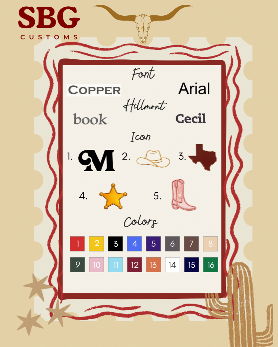 A color chart with various fonts, icons, and color swatches, featuring cowboy and Texas-themed decorations, including a longhorn skull and cactus. The chart is branded with 'SBG Customs' at the top.