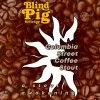 Logo for Blind Pig Coffee featuring a pig with blindfold and beer bubbles.
