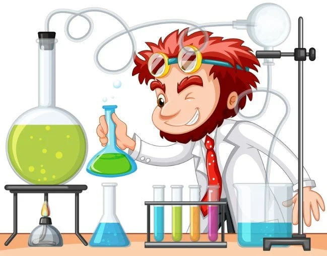 Cartoon scientist with red hair and goggles pouring green liquid into a test tube in a laboratory setting.