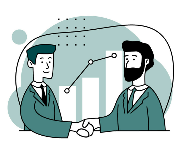 ビジネスの会議で握手をする二人の男性のイラスト。背景にはグラフと線グラフが描かれている。