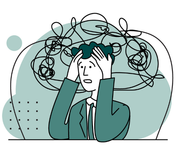 頭を抱え、混乱している男性のイラスト。髪の毛が絡まっているように見える線のくしゃみのラインが背景に描かれている。