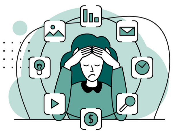 ストレスを抱える女性のイラスト。周囲にグラフ、画像、メール、ライト、動画、コイン、検索、チェックマークなどのアイコンが描かれている。