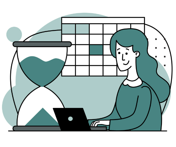 女性がコンピュータを使っている様子と、大きな砂時計とスケジュール表が壁にあるイラスト