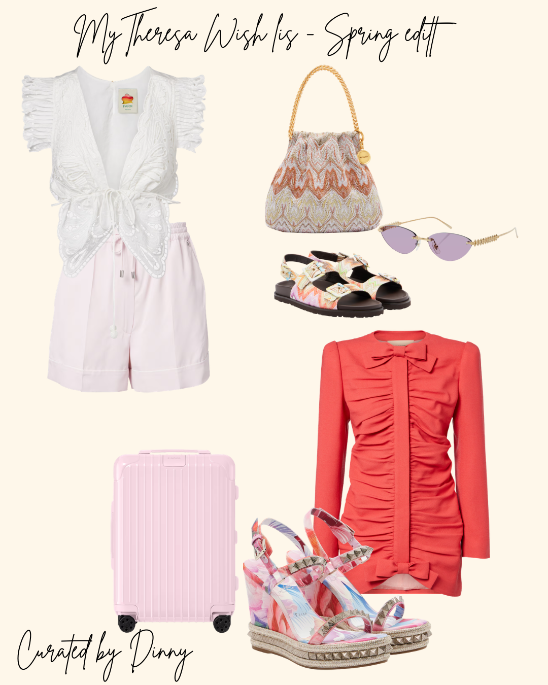 MyTheresa spring fashion edit with white butterfly blouse, pink shorts, dark pink dress, pink suitcase, wedge sandals, bag and sunglasses