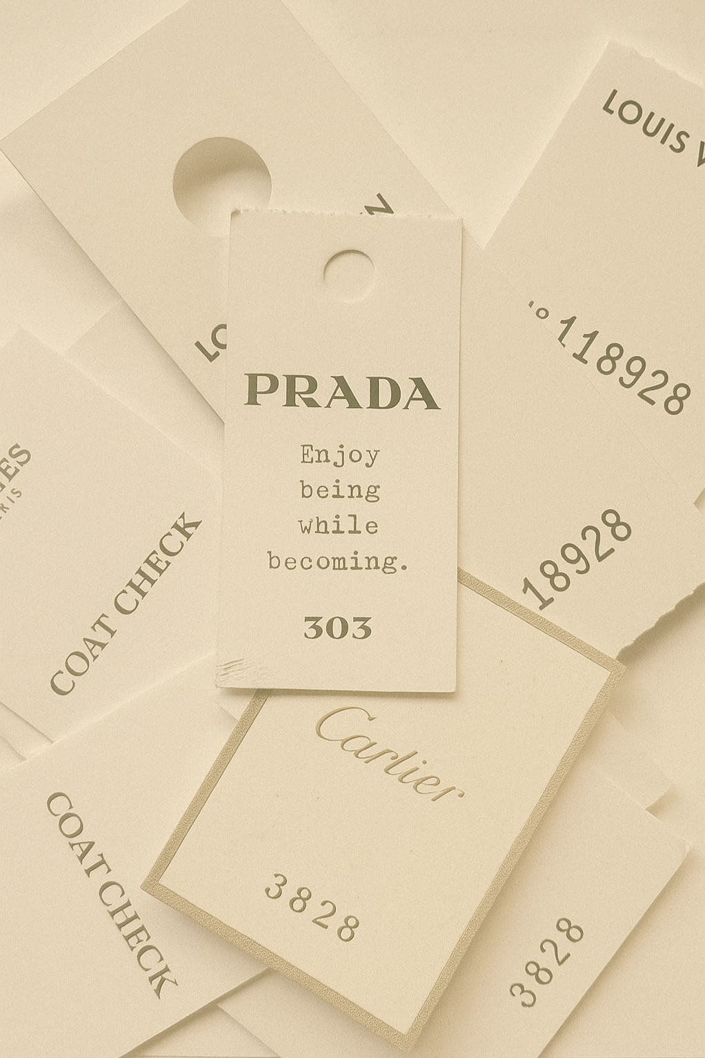 quiet curated fashion aesthetic. Multiple luxury brand tags, including Prada, Cartier, Coach, Louis Vuitton, and Louis Vuitton. The Prada tag has the message 'Enjoy being while becoming.'