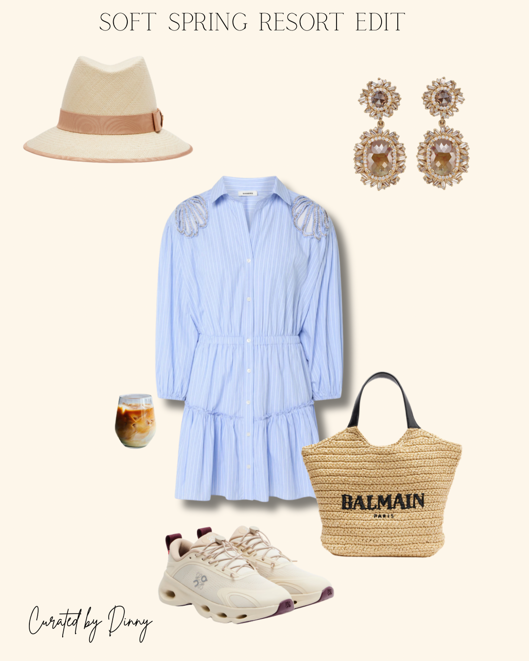 Soft spring resort fashion edit featuring a light blue dress, woven Balmain tote bag, neutral sneakers, statement earrings and luxury beach accessories in quiet luxury aesthetic.
